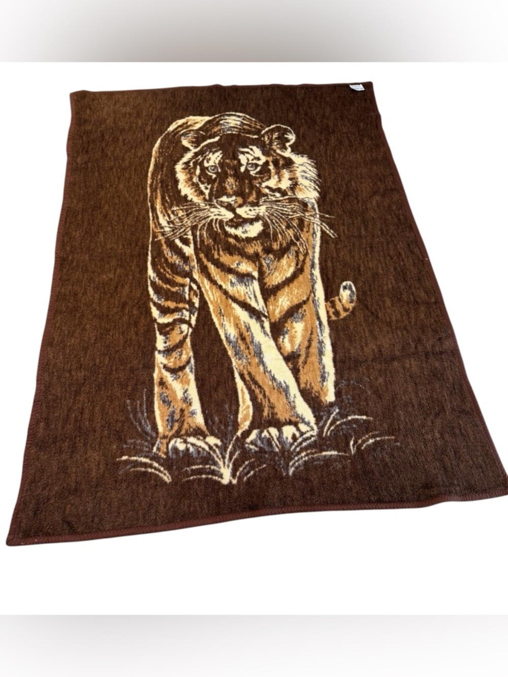 Vintage 80s Vuteks Reversible Acrylic Brown Bengal Tiger Throw Blanket 60 x 80